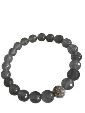 Classic Gray Chalcedony Stretch Bracelet Silver Pave Beaded Bracelet